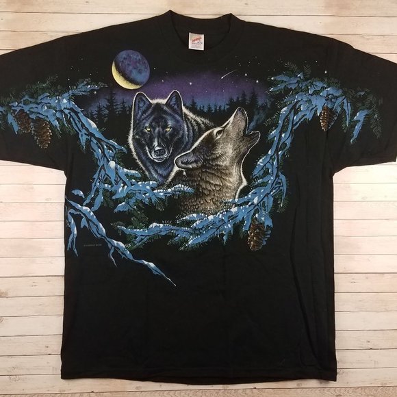 VTG 90s Wolves Howling At Moon All Over Print Tee - Picture 1 of 3
